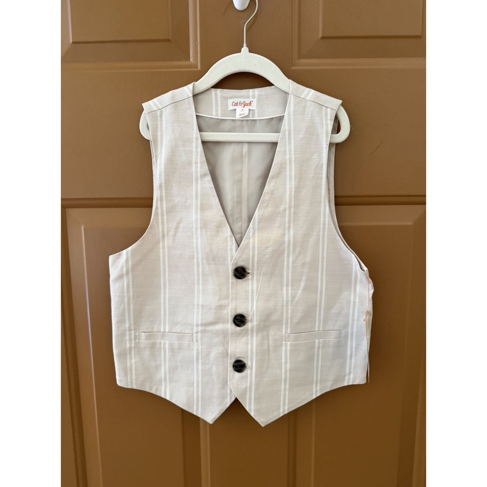NEW Cat & Jack Boys' Beige & White Vertical Pinstriped Suit Vest Size 8 NWT